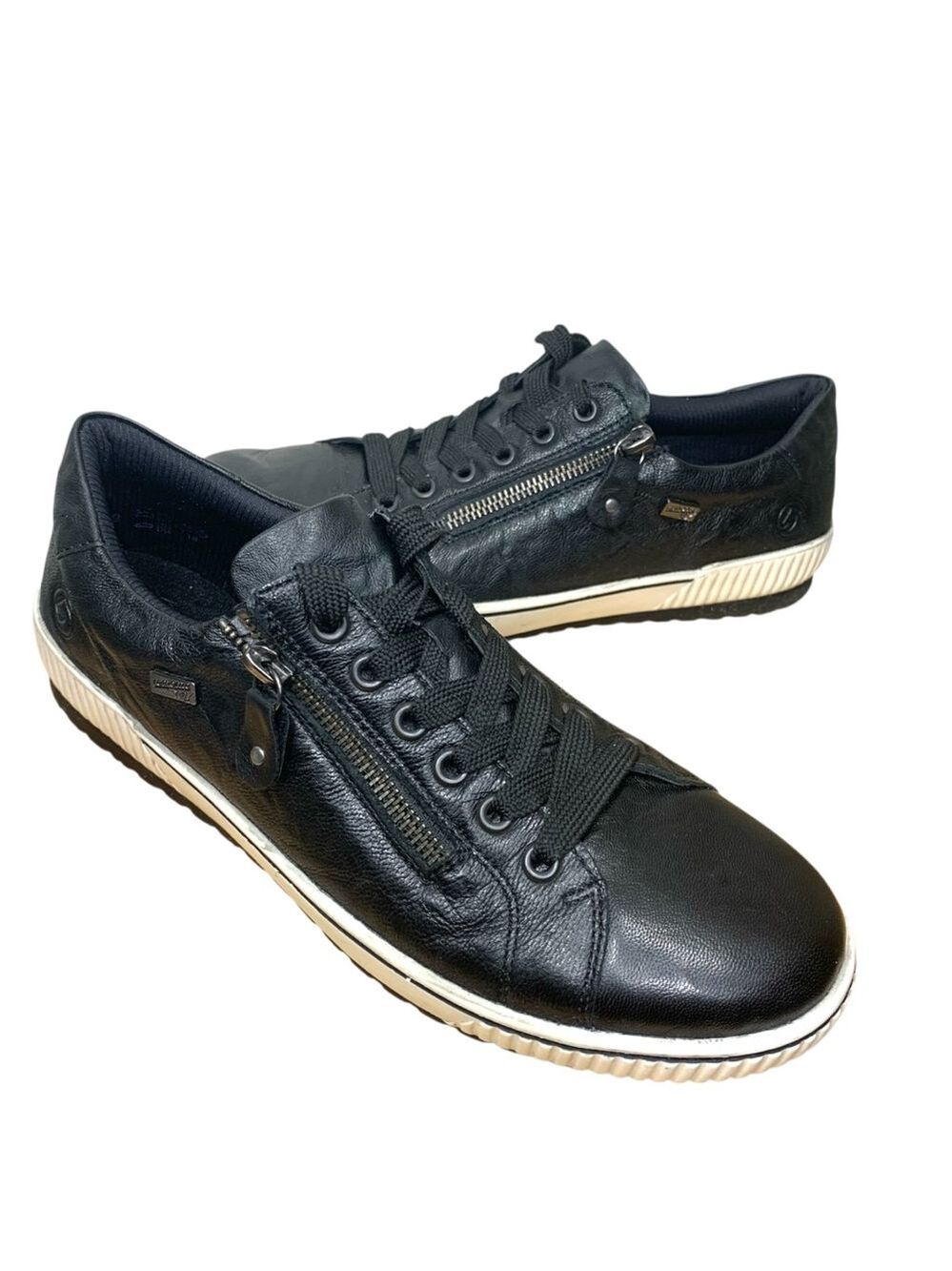 Remonte Tex Black Leather Shoes Sz 41 Comfort Lace-Up Flats with Side Zipper